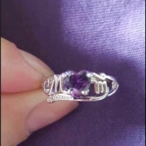 Elegant Silver and Purple Heart Mom Ring